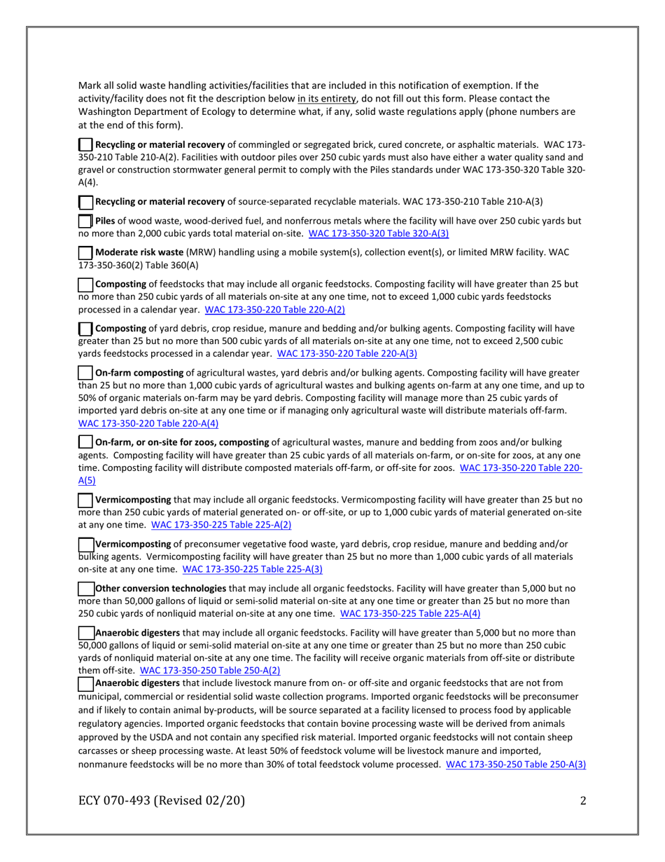 Form ECY070-493 Notice of Intent to Operate Under Terms and Conditions for Solid Waste Permit Exemption - Washington, Page 2