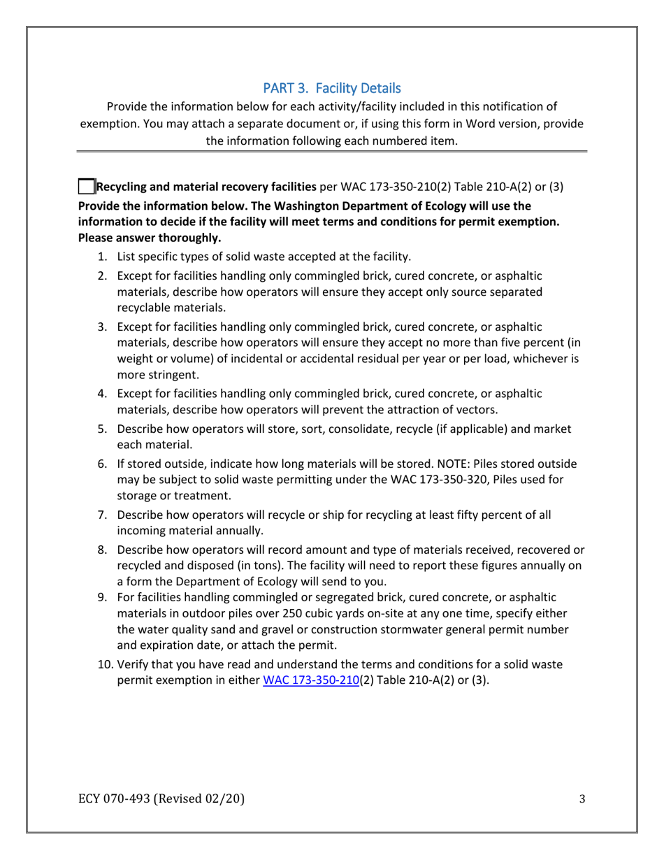 Form ECY070-493 Notice of Intent to Operate Under Terms and Conditions for Solid Waste Permit Exemption - Washington, Page 3