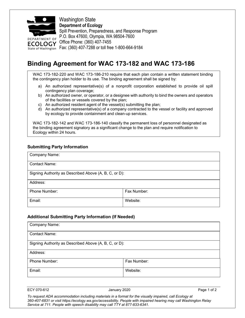 Form ECY070-612 Binding Agreement for Wac 173-182 and Wac 173-186 - Washington, Page 1