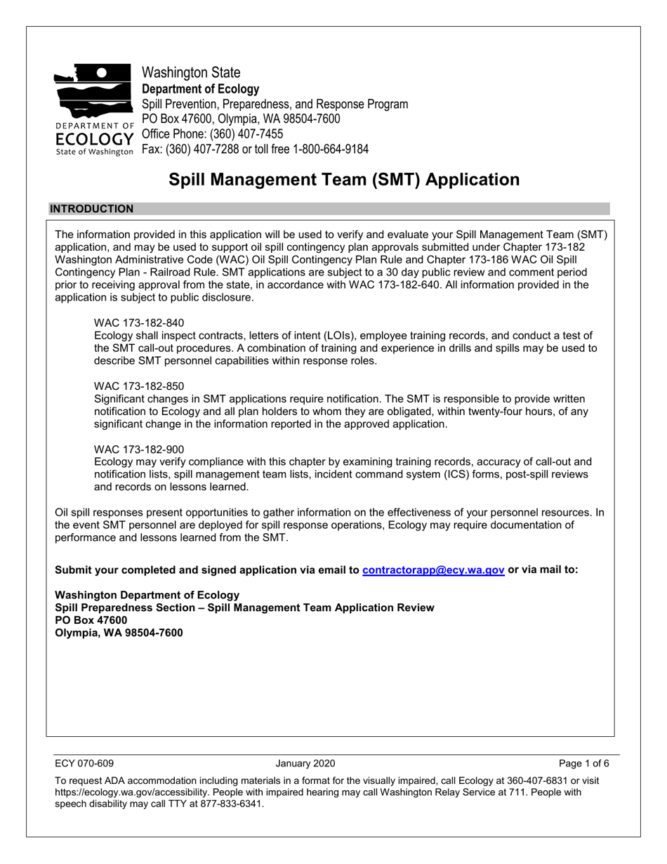 Form ECY070-609 Spill Management Team (Smt) Application - Washington, Page 1