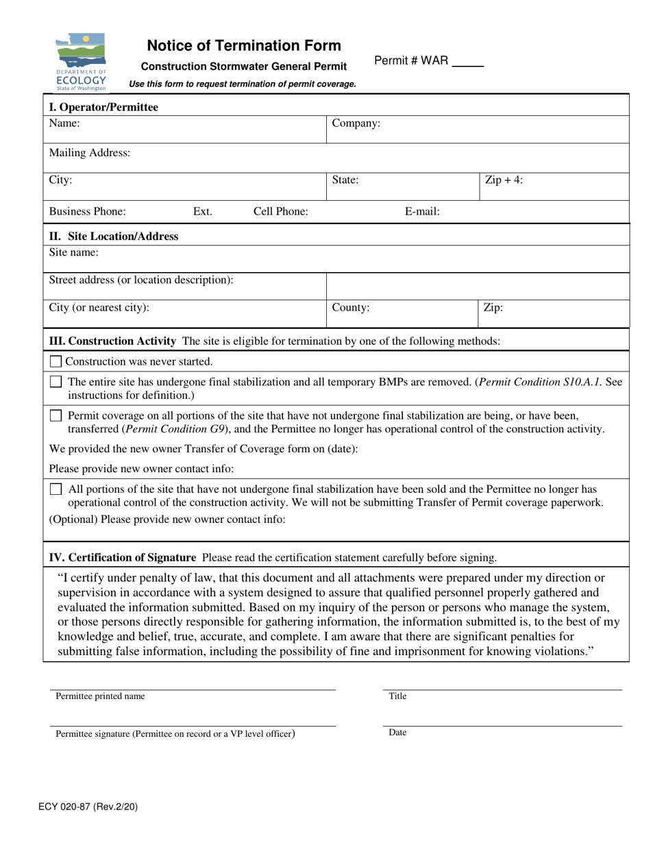 Form ECY020-87 Notice of Termination Form - Washington, Page 1