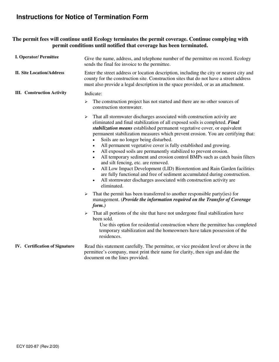 Form ECY020-87 Notice of Termination Form - Washington, Page 3
