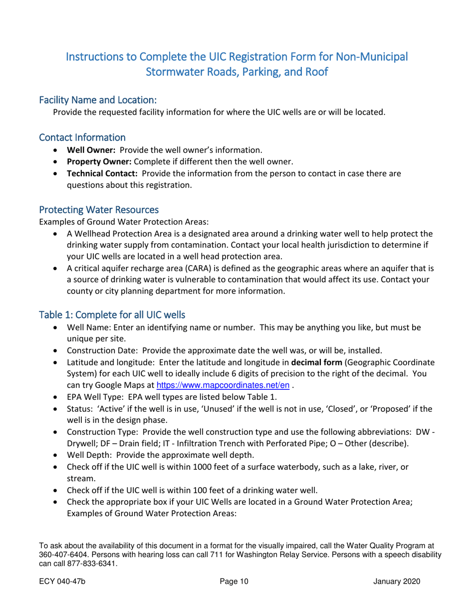 Form ECY040-47B Underground Injection Control (Uic) Well Registration Form for Non-muncipal Stormwater Roads, Parking, and Roof - Washington, Page 10