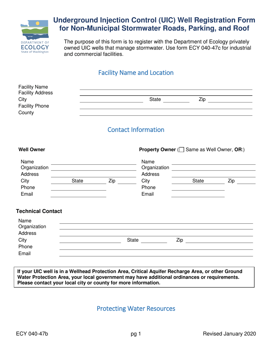 Form ECY040-47B Underground Injection Control (Uic) Well Registration Form for Non-muncipal Stormwater Roads, Parking, and Roof - Washington, Page 1
