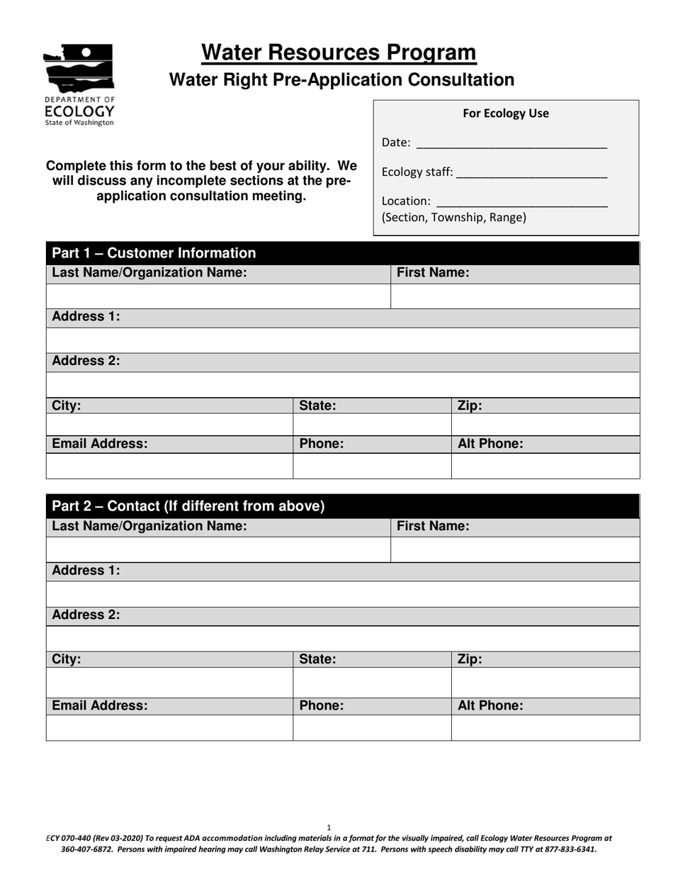 Form ECY070-440 Water Right Pre-application Consultation - Washington, Page 1