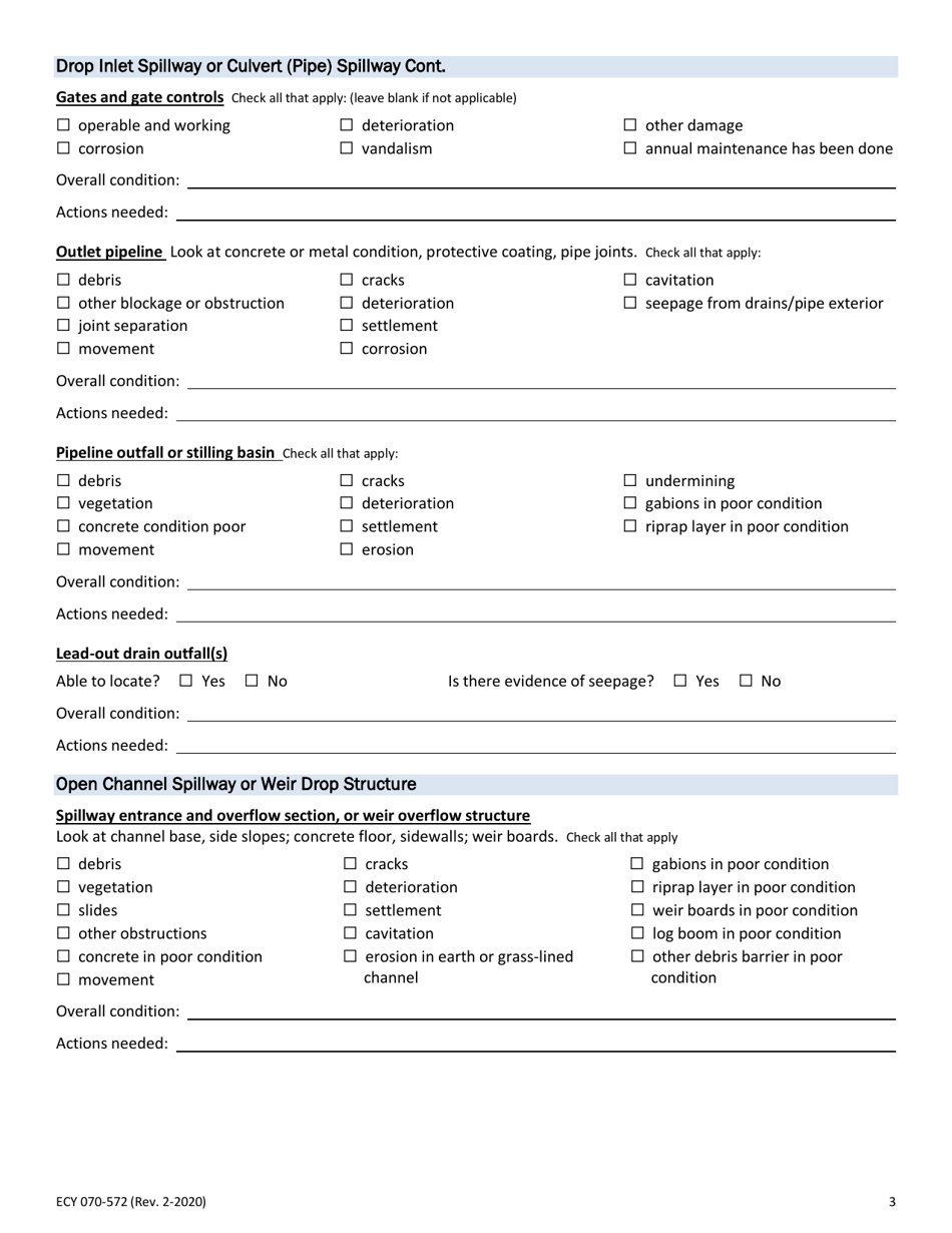Form ECY070-572 Dam Owner Annual Inspection Form - Earthen Dams - Washington, Page 3