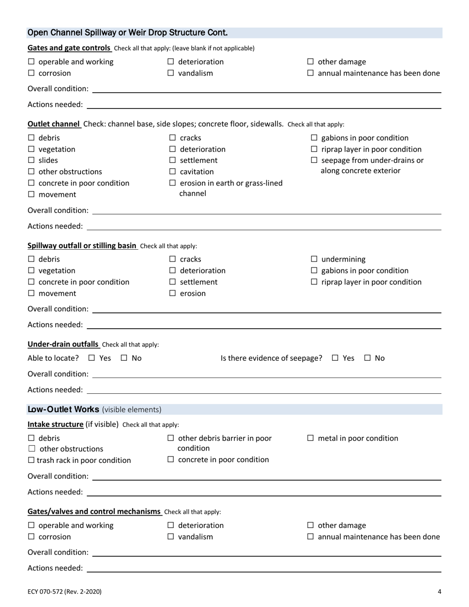 Form ECY070-572 Dam Owner Annual Inspection Form - Earthen Dams - Washington, Page 4