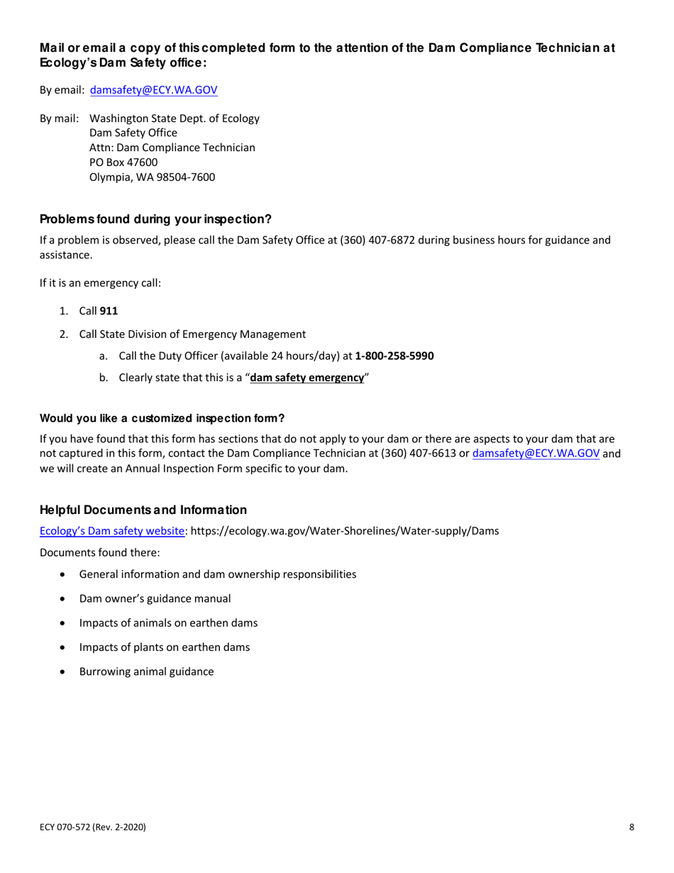Form ECY070-572 Dam Owner Annual Inspection Form - Earthen Dams - Washington, Page 8
