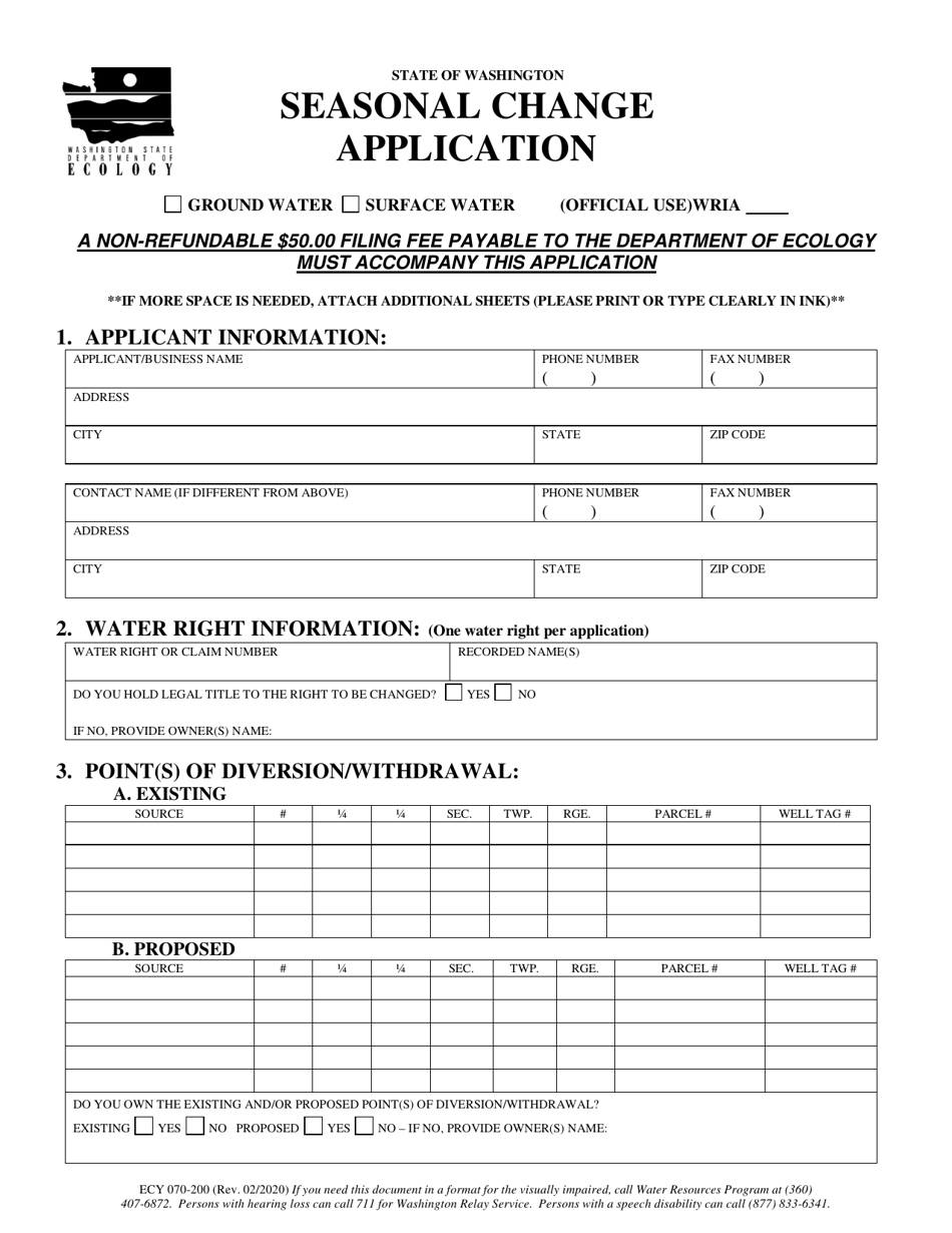 Form ECY070-200 Seasonal Change Application - Washington, Page 1