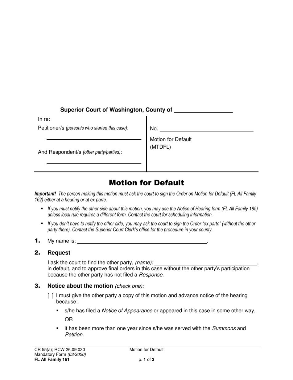 Form FL All Family161 Motion for Default - Washington, Page 1