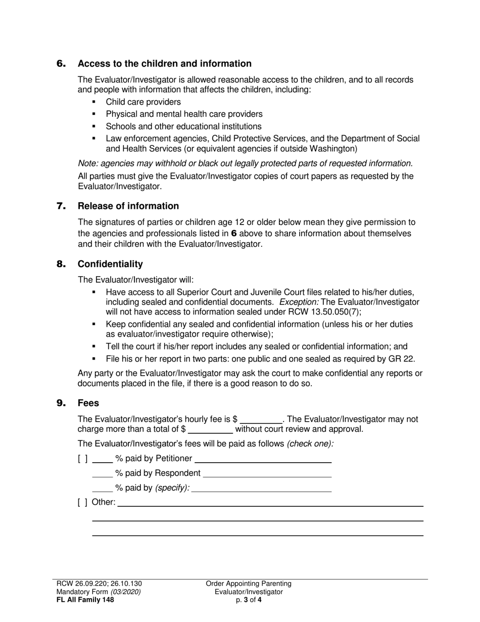 Form FL All Family148 Order Appointing Parenting Evaluator / Investigator - Washington, Page 3