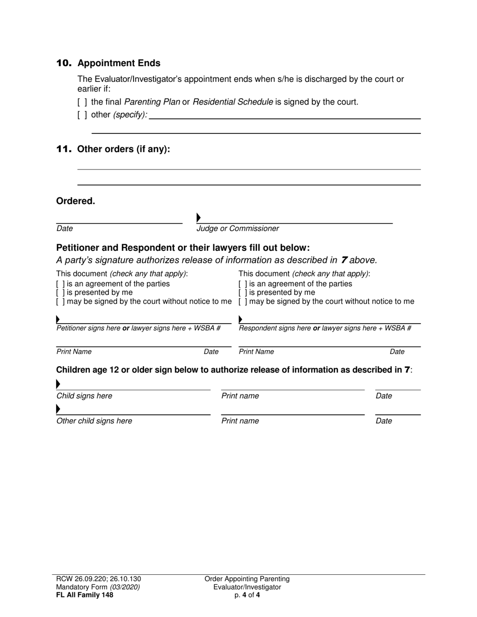 Form FL All Family148 Order Appointing Parenting Evaluator / Investigator - Washington, Page 4