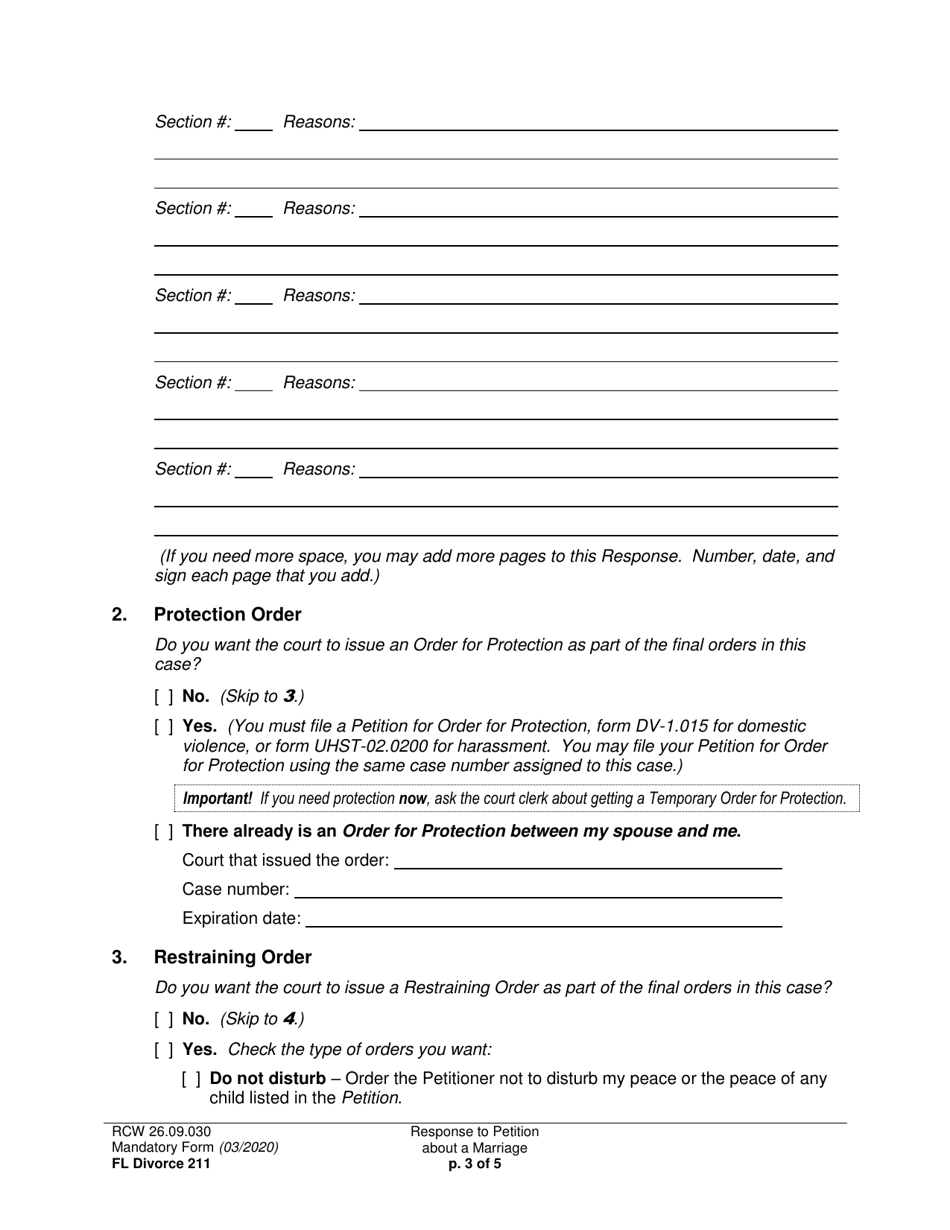 Form FL Divorce211 Response to Petition About a Marriage - Washington, Page 3