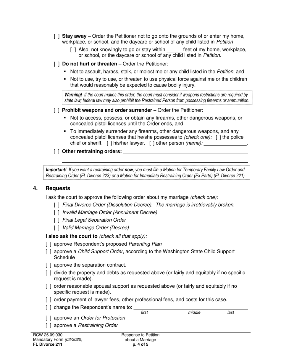 Form FL Divorce211 Response to Petition About a Marriage - Washington, Page 4
