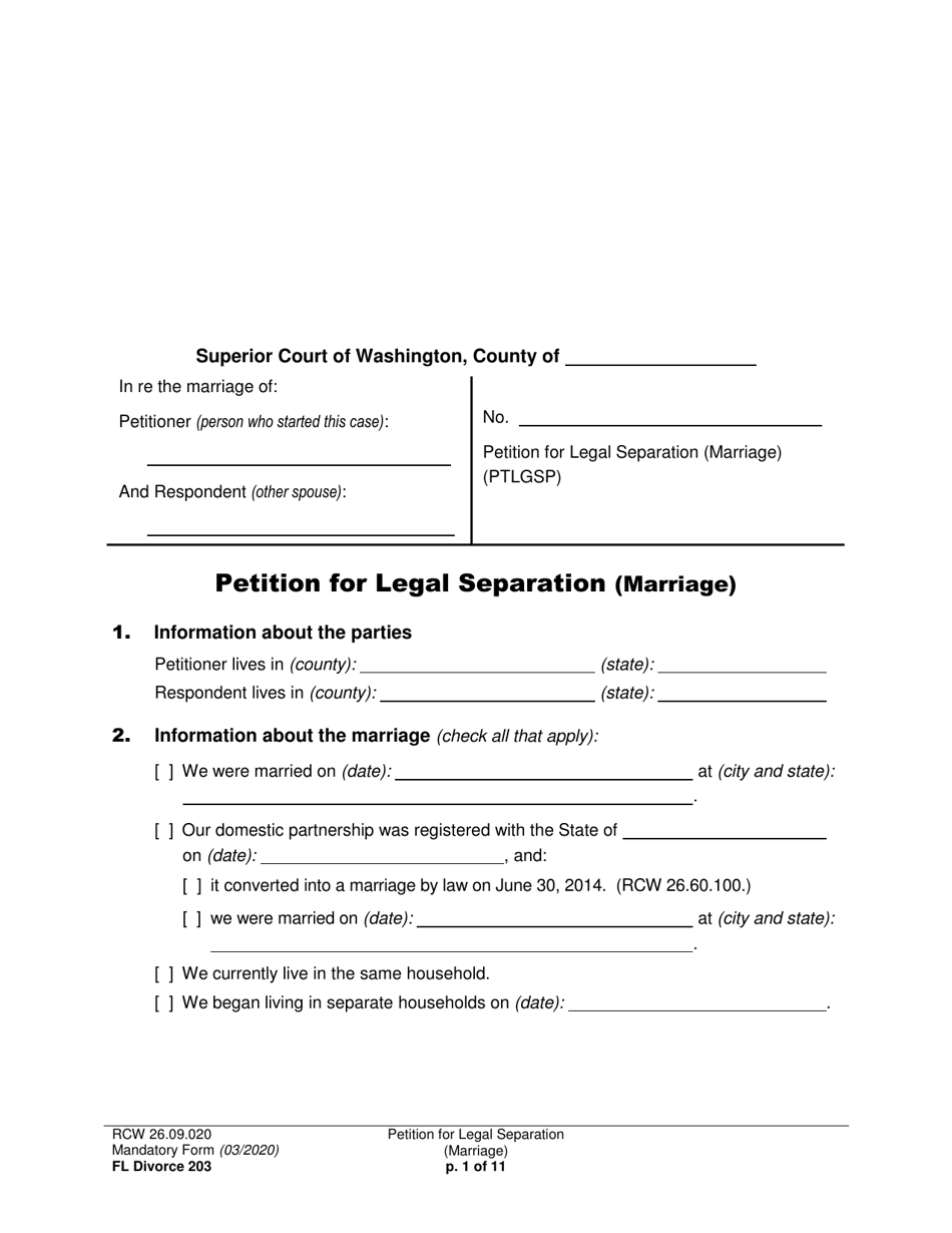 Form FL Divorce203 Petition for Legal Separation (Marriage) - Washington, Page 1
