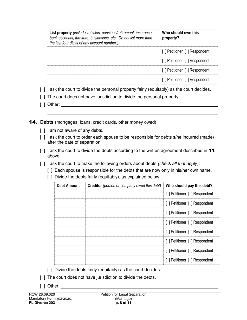 Form FL Divorce203 Petition for Legal Separation (Marriage) - Washington, Page 8