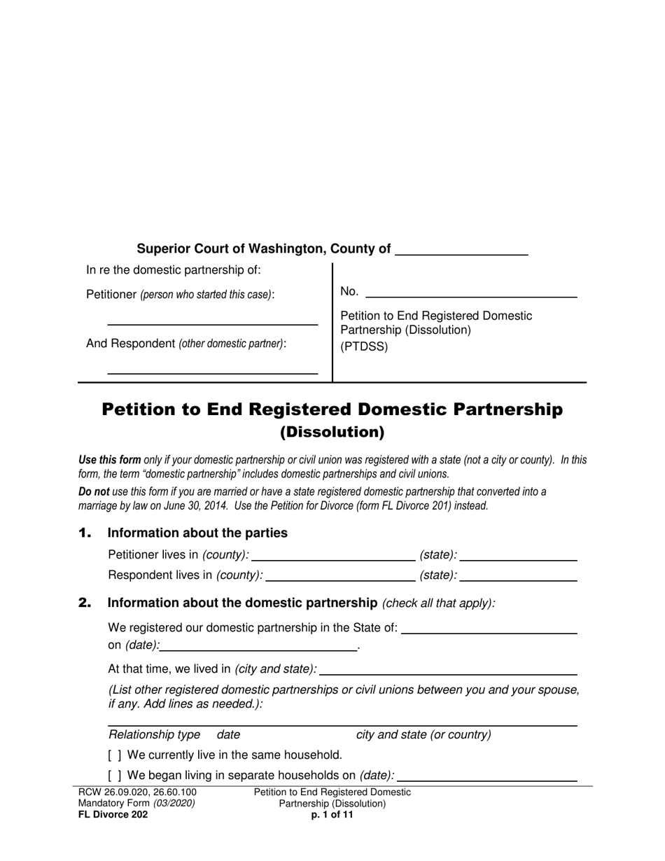 Form FL Divorce202 Petition to End Registered Domestic Partnership (Dissolution) - Washington, Page 1