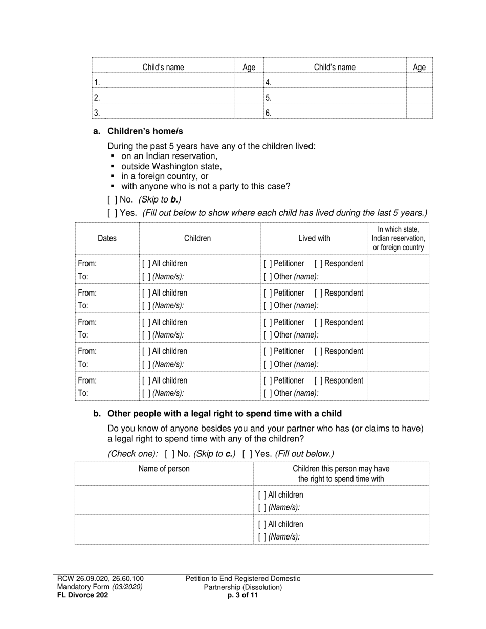 Form FL Divorce202 Petition to End Registered Domestic Partnership (Dissolution) - Washington, Page 3