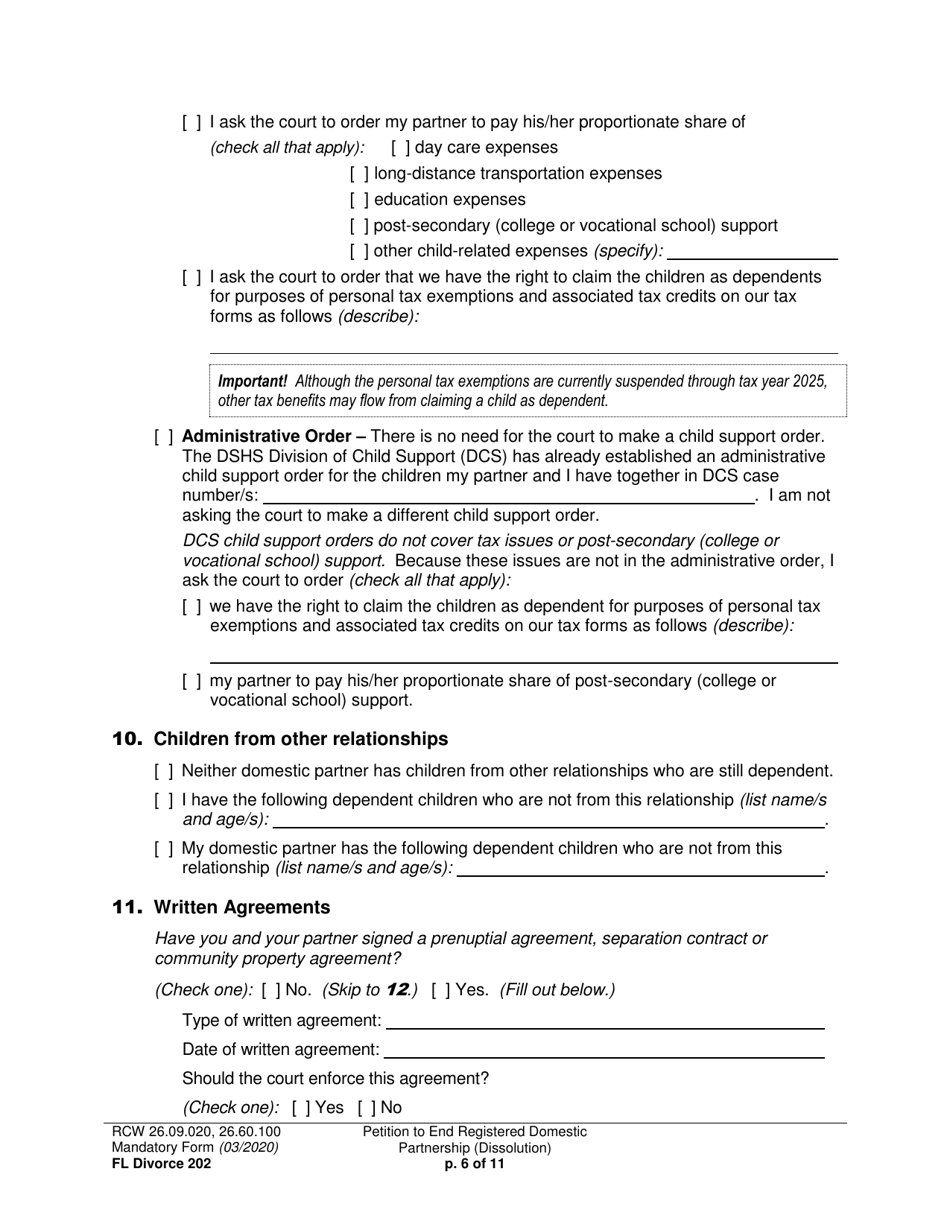 Form FL Divorce202 Petition to End Registered Domestic Partnership (Dissolution) - Washington, Page 6