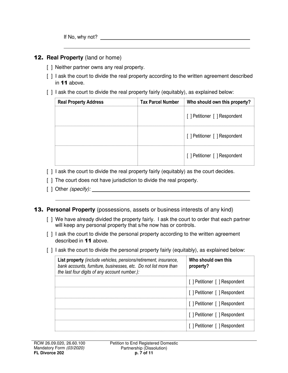 Form FL Divorce202 Petition to End Registered Domestic Partnership (Dissolution) - Washington, Page 7