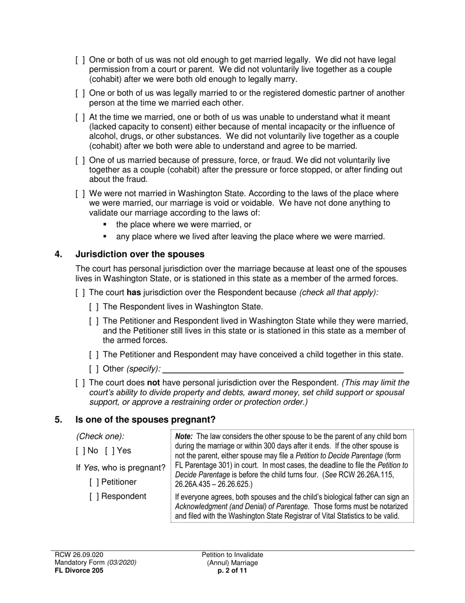 Form FL Divorce205 Petition to Invalidate (Annul) Marriage - Washington, Page 2