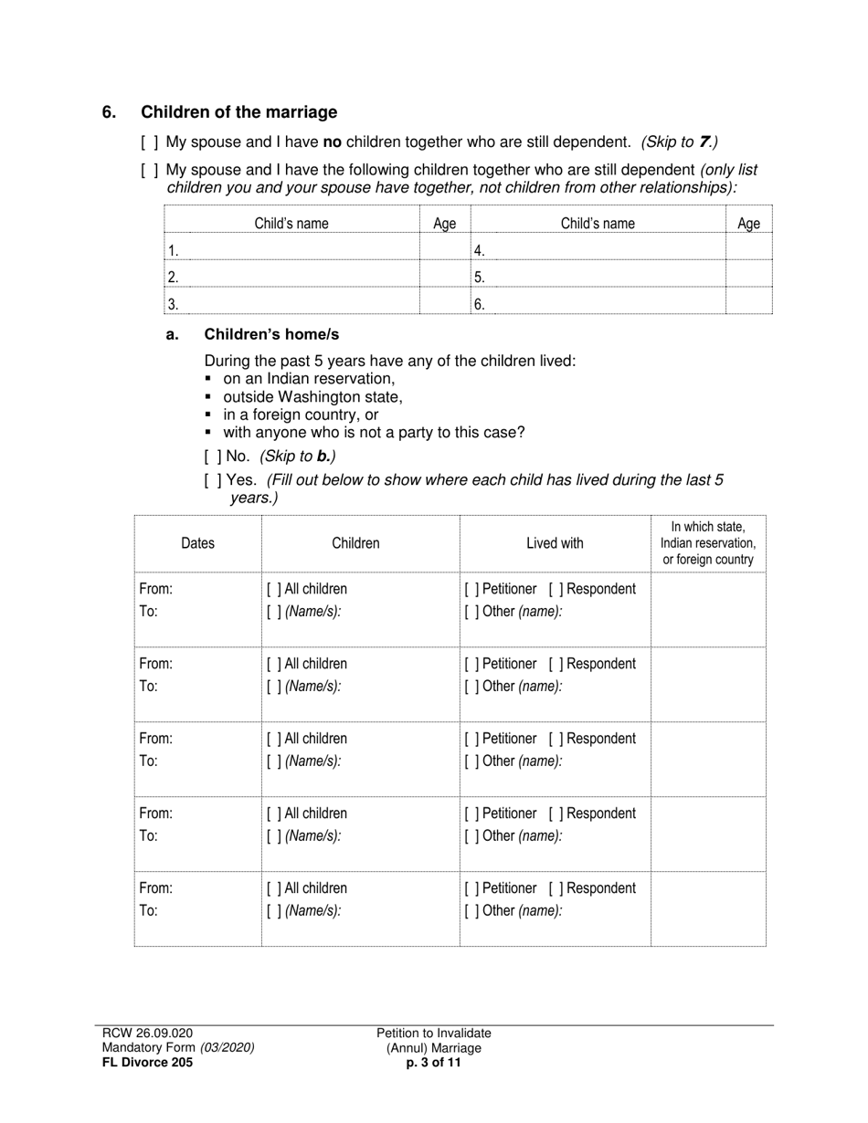 Form FL Divorce205 Petition to Invalidate (Annul) Marriage - Washington, Page 3
