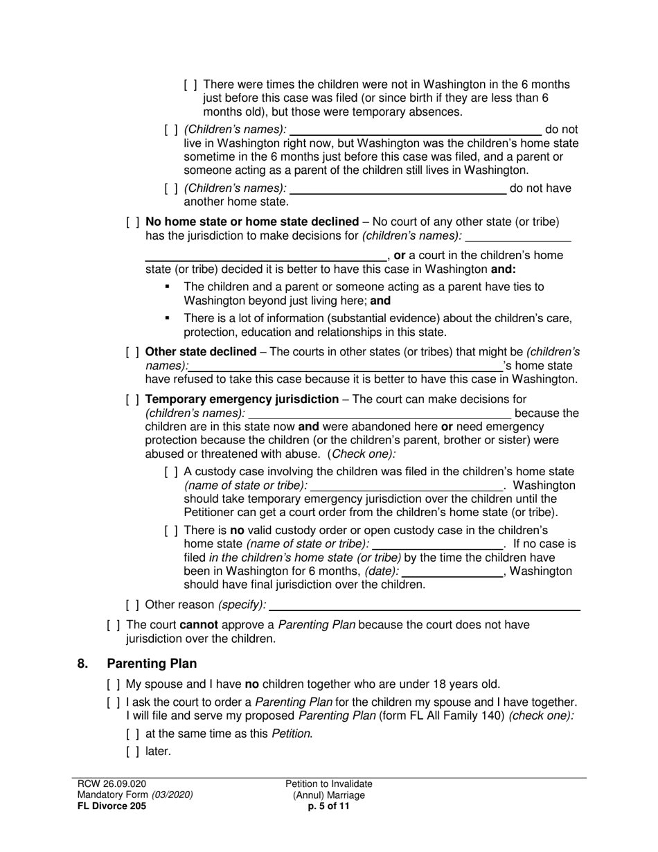 Form FL Divorce205 Petition to Invalidate (Annul) Marriage - Washington, Page 5