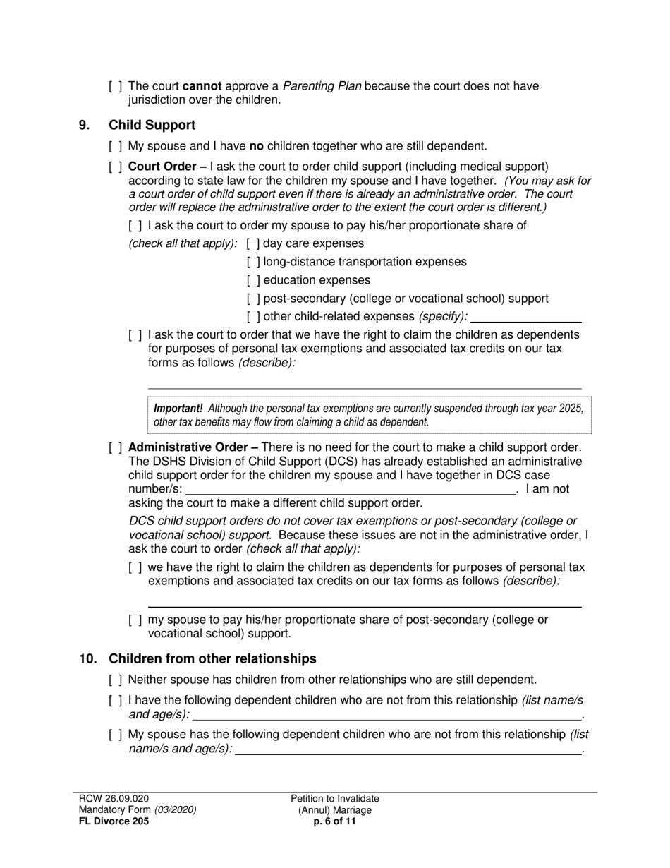 Form FL Divorce205 Petition to Invalidate (Annul) Marriage - Washington, Page 6