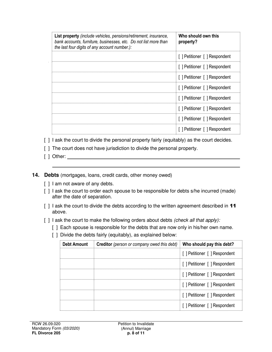 Form FL Divorce205 Petition to Invalidate (Annul) Marriage - Washington, Page 8