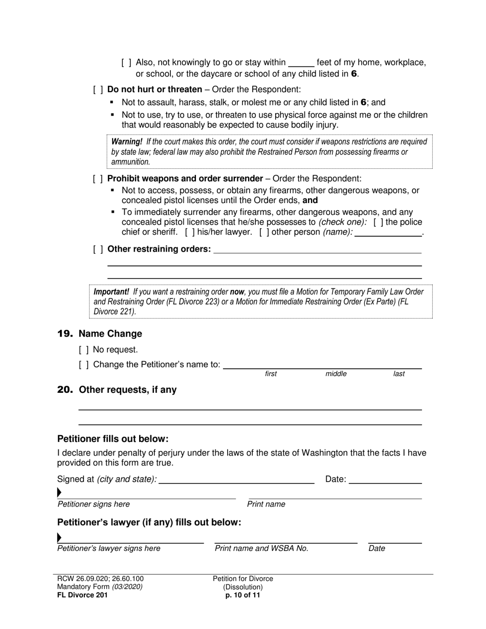 Form FL Divorce201 Petition for Divorce (Dissolution) - Washington, Page 10