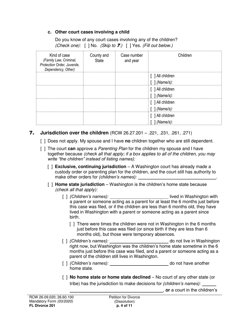 Form FL Divorce201 Petition for Divorce (Dissolution) - Washington, Page 4