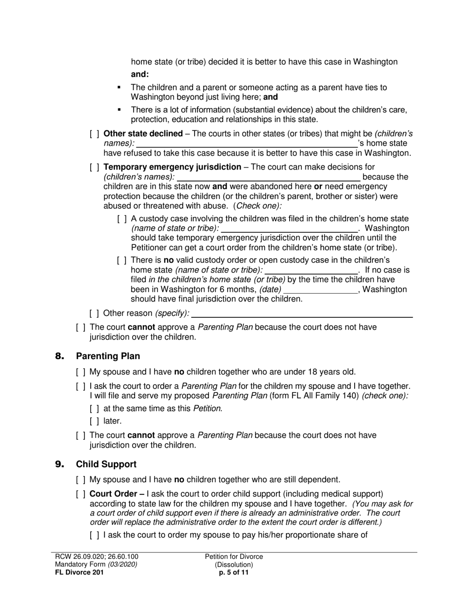 Form FL Divorce201 Petition for Divorce (Dissolution) - Washington, Page 5