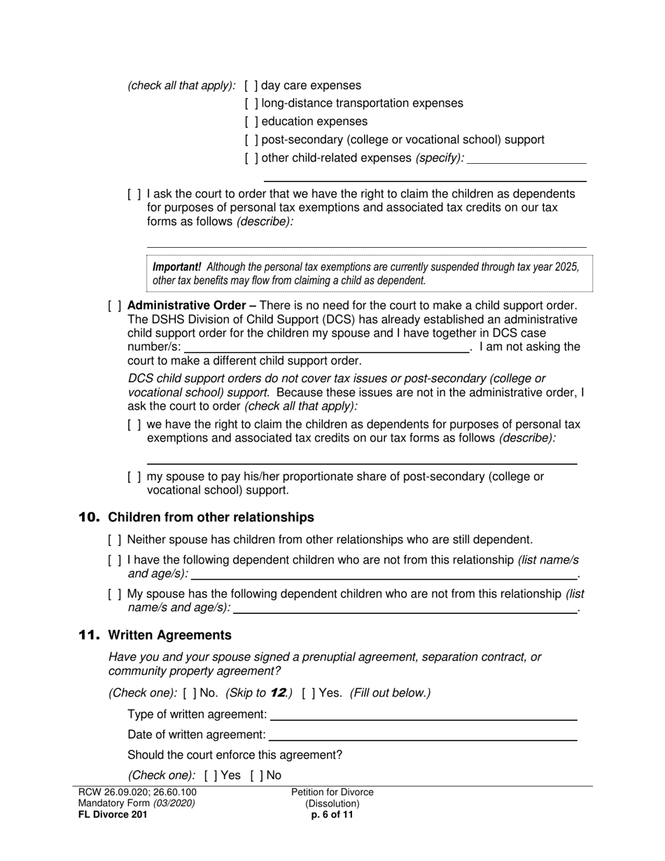 Form FL Divorce201 Petition for Divorce (Dissolution) - Washington, Page 6
