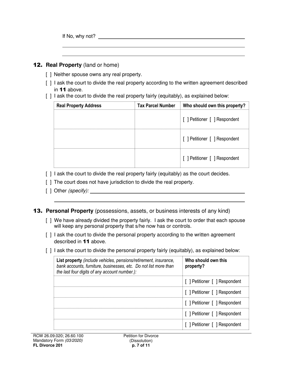 Form FL Divorce201 Petition for Divorce (Dissolution) - Washington, Page 7