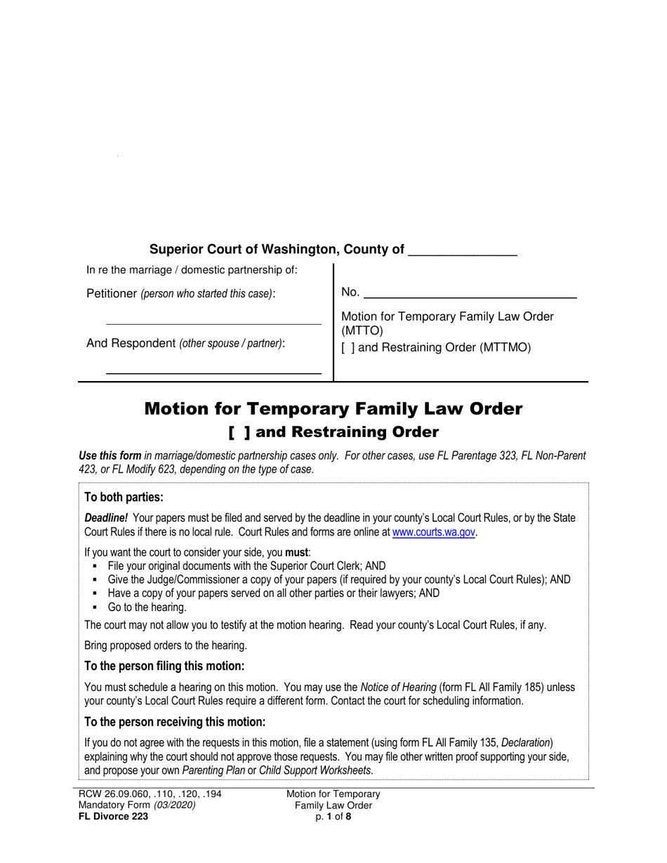 Form FL Divorce223 Motion for Temporary Family Law Order and Restraining Order - Washington, Page 1