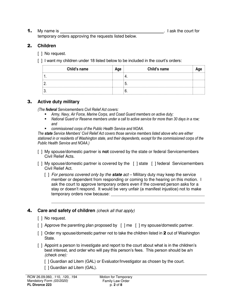 Form FL Divorce223 Motion for Temporary Family Law Order and Restraining Order - Washington, Page 2
