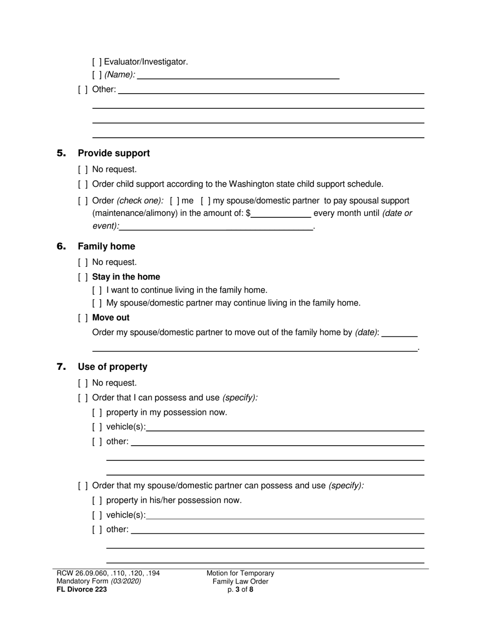 Form FL Divorce223 Motion for Temporary Family Law Order and Restraining Order - Washington, Page 3