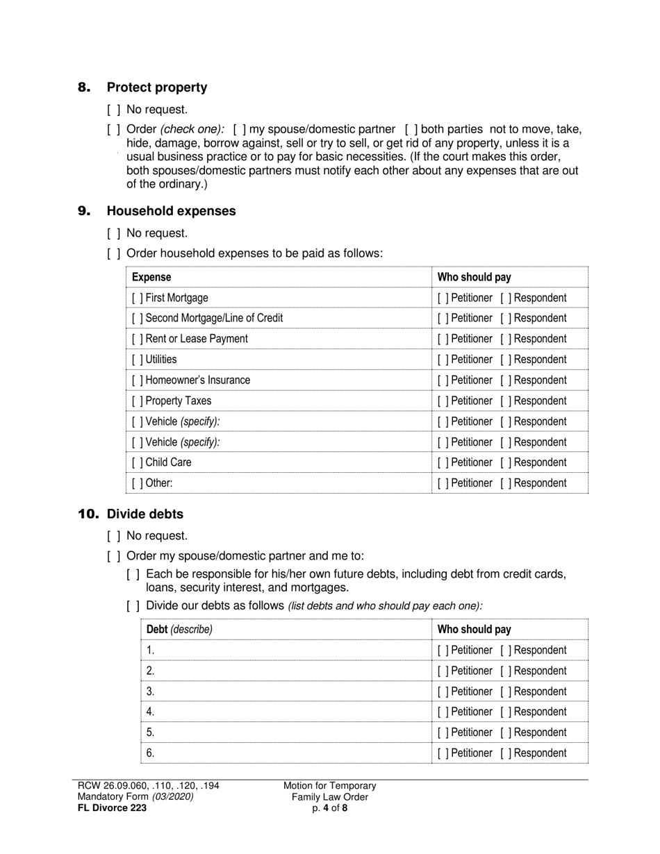 Form FL Divorce223 Motion for Temporary Family Law Order and Restraining Order - Washington, Page 4