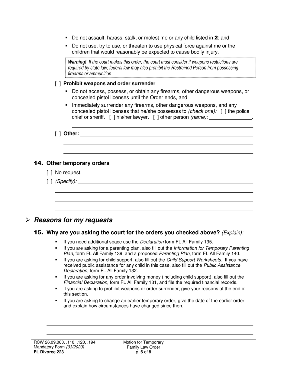 Form FL Divorce223 Motion for Temporary Family Law Order and Restraining Order - Washington, Page 6