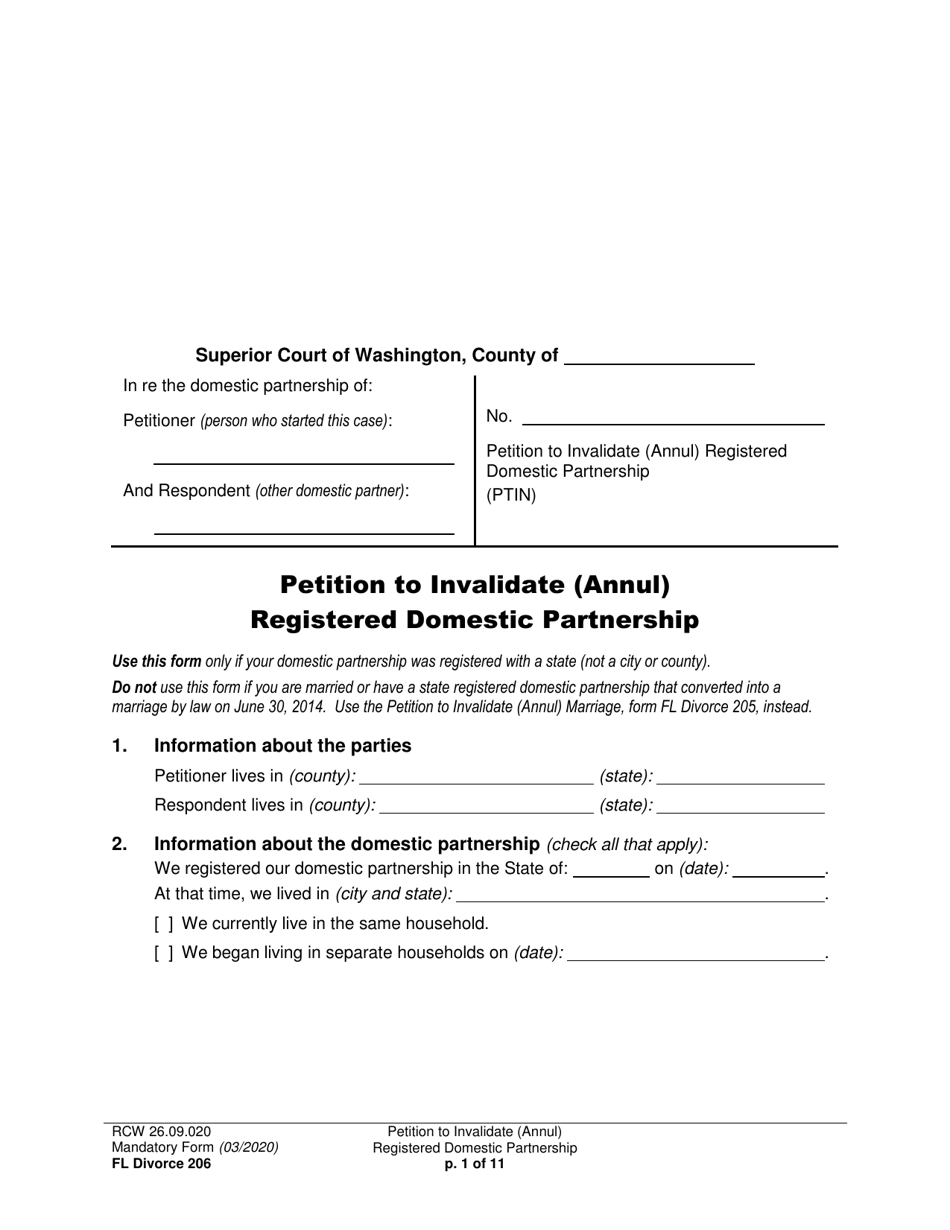Form FL Divorce206 Petition to Invalidate (Annul) Registered Domestic Partnership - Washington, Page 1