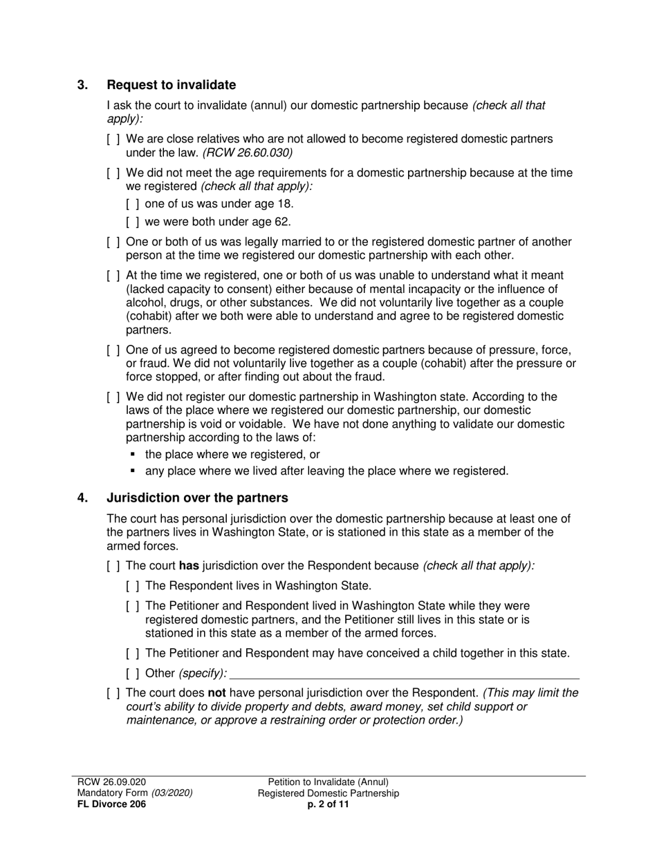 Form FL Divorce206 Petition to Invalidate (Annul) Registered Domestic Partnership - Washington, Page 2