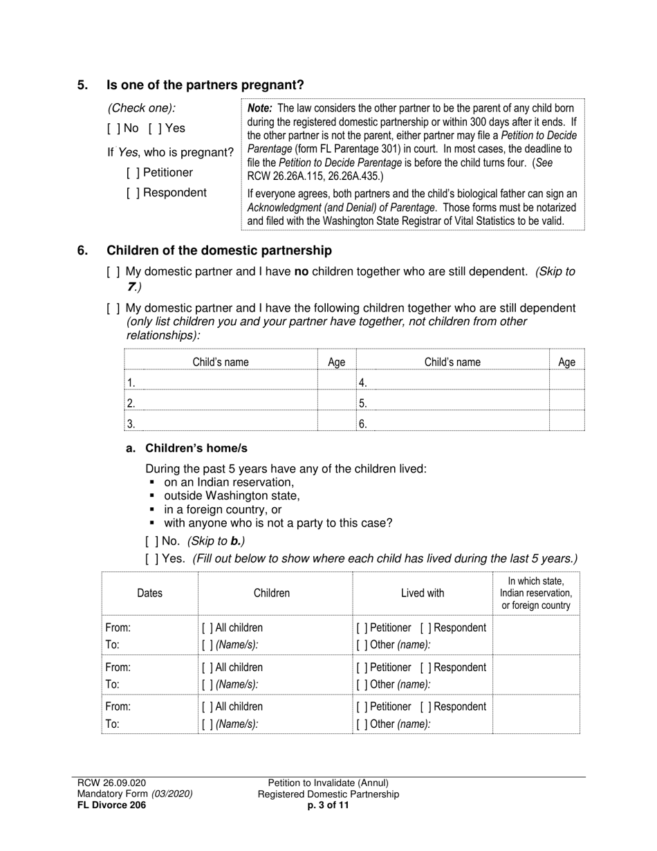 Form FL Divorce206 Petition to Invalidate (Annul) Registered Domestic Partnership - Washington, Page 3