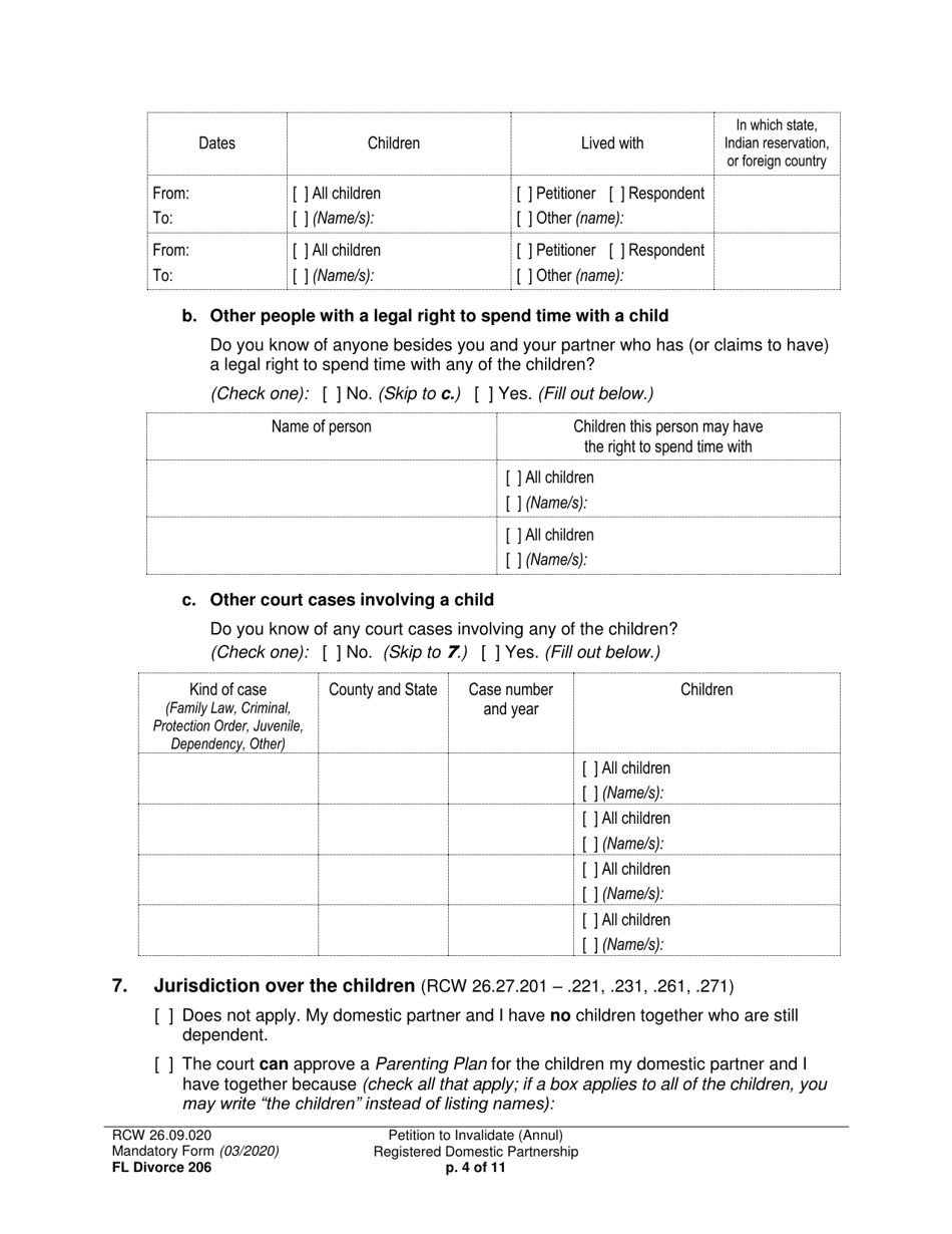 Form FL Divorce206 Petition to Invalidate (Annul) Registered Domestic Partnership - Washington, Page 4