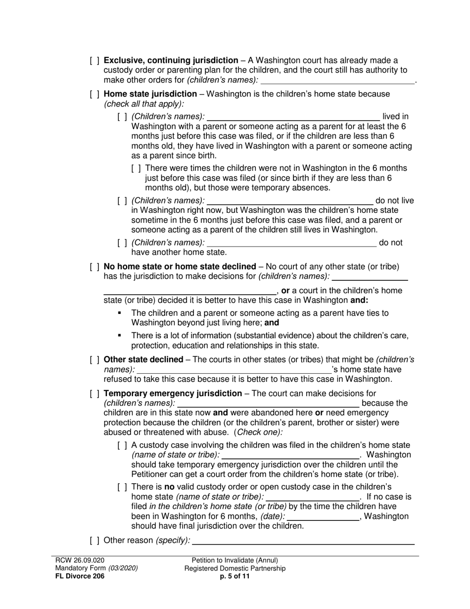 Form FL Divorce206 Petition to Invalidate (Annul) Registered Domestic Partnership - Washington, Page 5