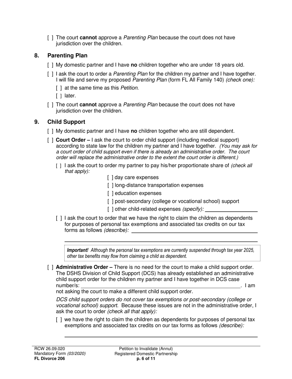 Form FL Divorce206 Petition to Invalidate (Annul) Registered Domestic Partnership - Washington, Page 6