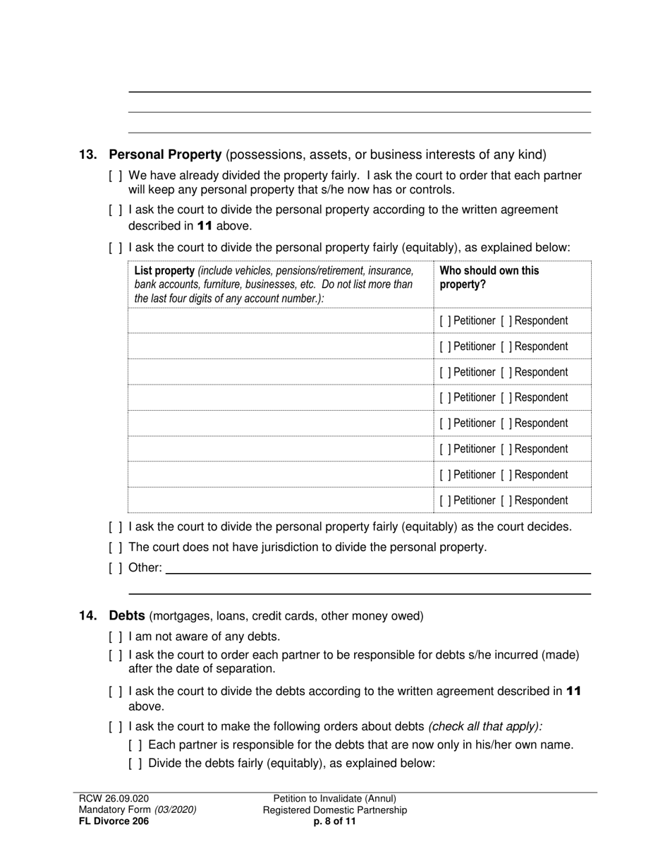 Form FL Divorce206 Petition to Invalidate (Annul) Registered Domestic Partnership - Washington, Page 8