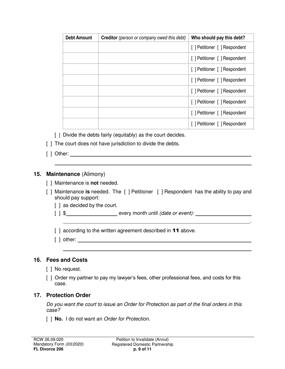 Form FL Divorce206 Petition to Invalidate (Annul) Registered Domestic Partnership - Washington, Page 9