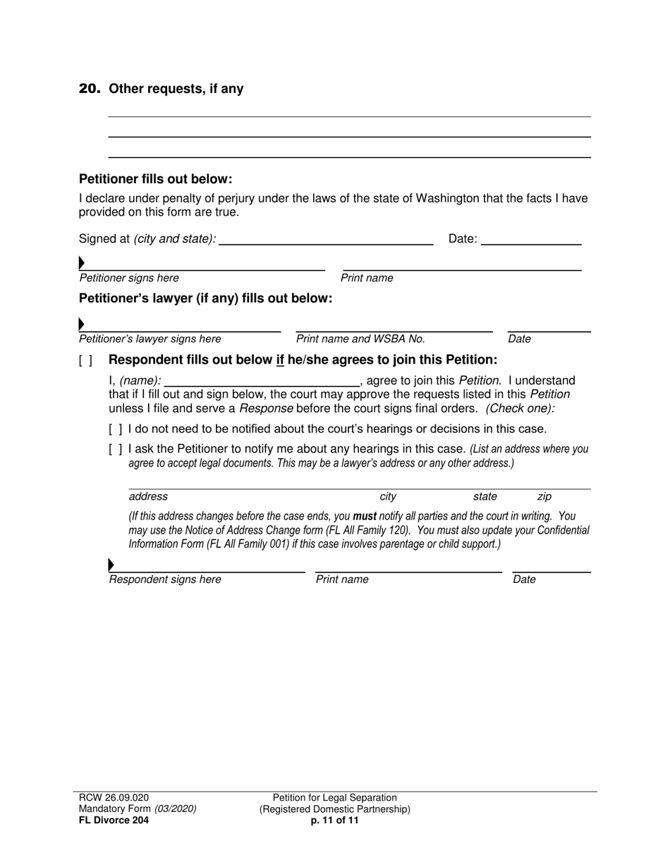 Form FL Divorce204 Petition for Legal Separation (Registered Domestic Partnership) - Washington, Page 11