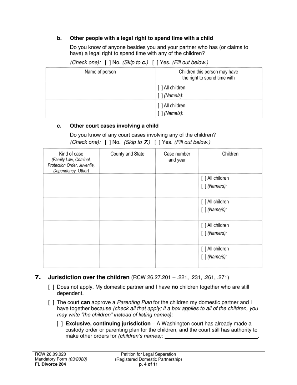 Form FL Divorce204 Petition for Legal Separation (Registered Domestic Partnership) - Washington, Page 4