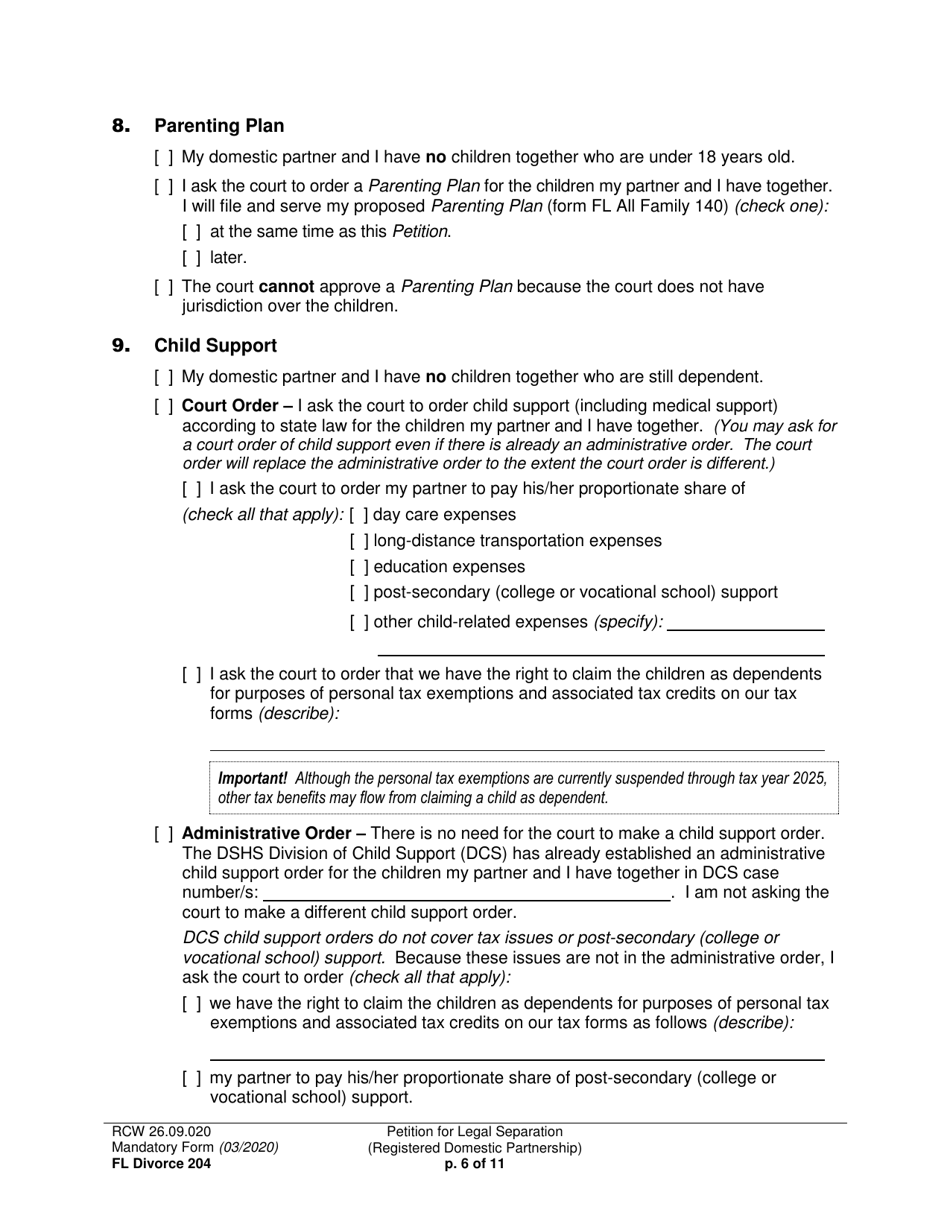 Form FL Divorce204 Petition for Legal Separation (Registered Domestic Partnership) - Washington, Page 6